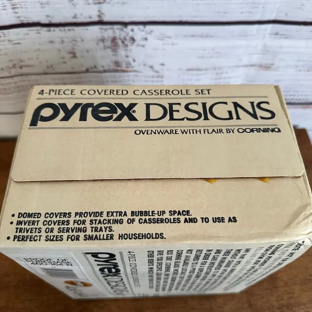 VTG Sealed Pyrex Designs 4 Pc Covered Casserole Set Blue Iris 460-164N England